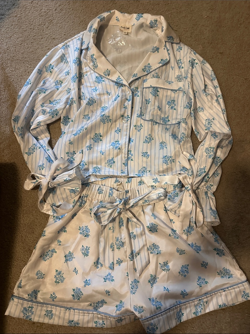 Peach Love California Blue Floral Stripe Satin Pajama Set